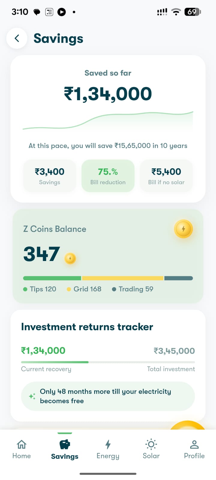 Savings and Z Coins screen